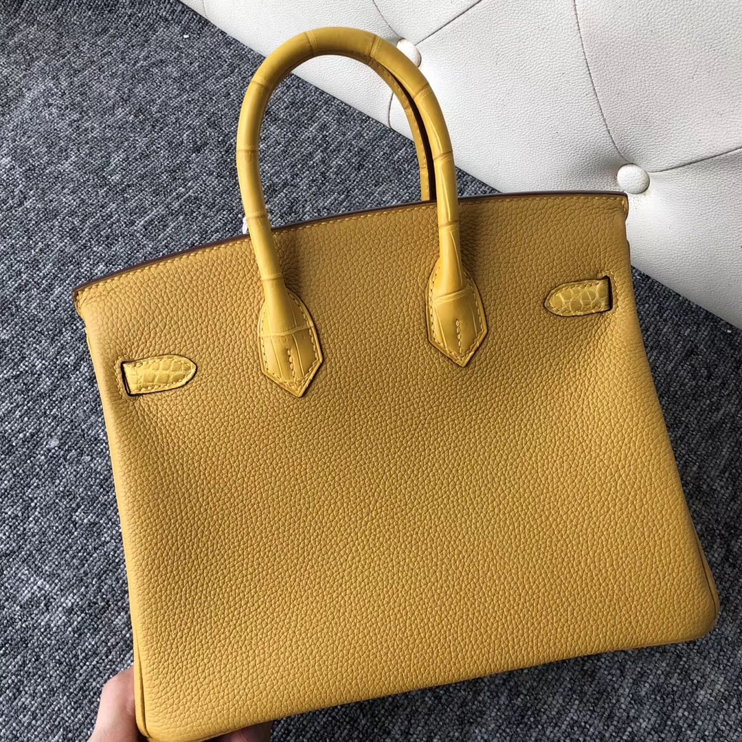 Hermes Birkin 25cm Touch 9D Jaune Amber 琥珀黃 Togo拼霧面美洲鱷