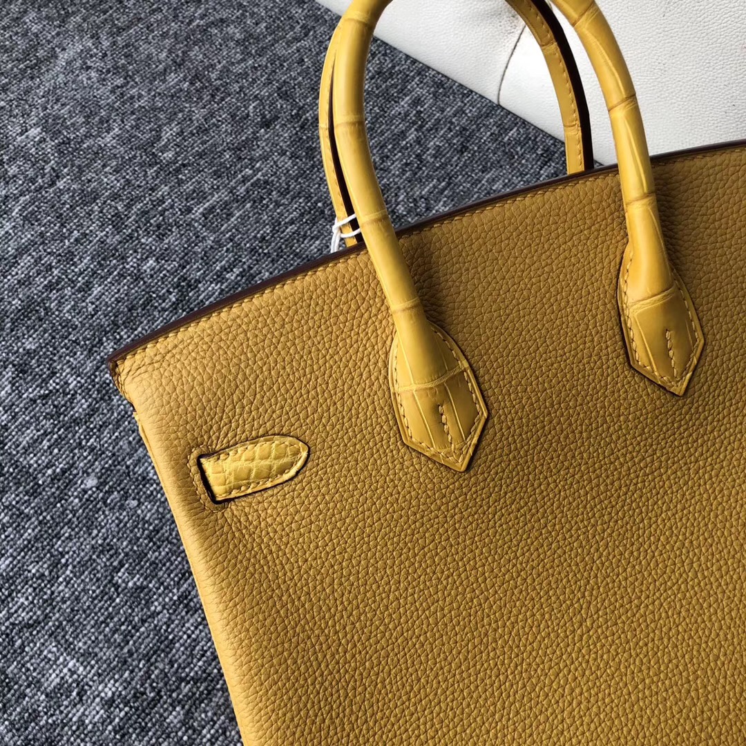 Hermes Birkin 25cm Touch 9D Jaune Amber 琥珀黃 Togo拼霧面美洲鱷