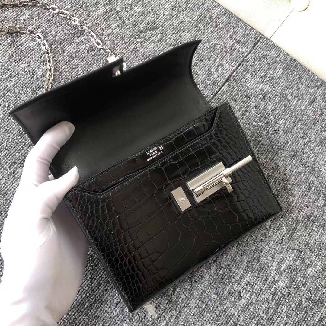 愛馬仕包包圖片及價格 Hermes Verrou 17.5cm 機關槍  美洲鱷 CK89黑色