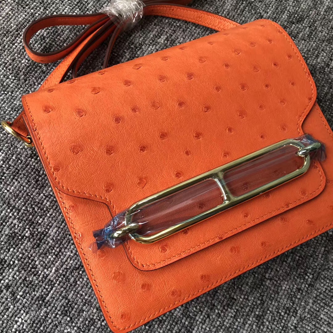 迪拜阿聯酋購物中心 Dubai Hermes Roulis 19cm Ostrich CK93 Orange橙色 金扣