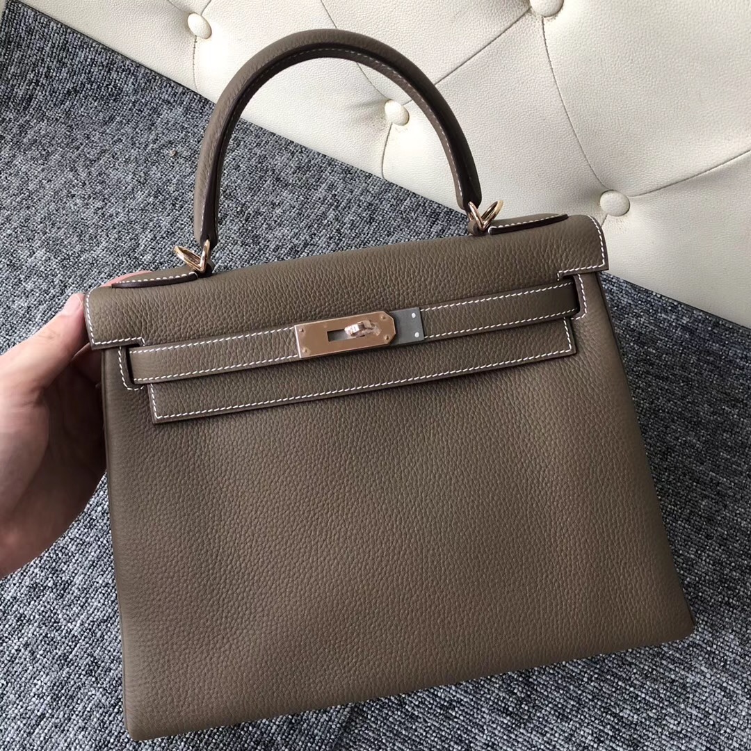 Hermes Kelly 28cm CK18 etoupe CK81 Gris Tourterelle Rose Gold Button