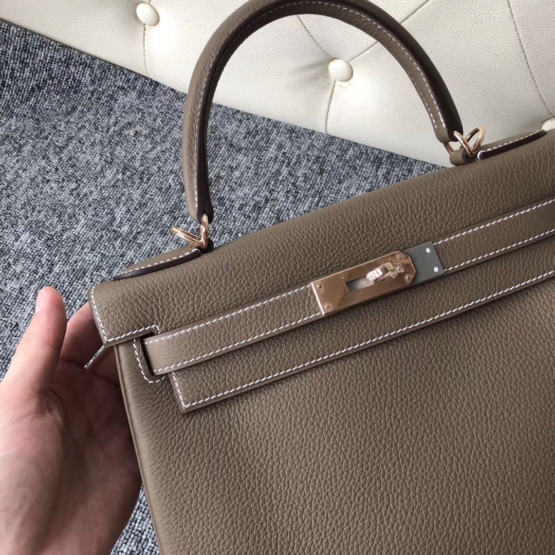 Hermes Kelly 28cm CK18 etoupe CK81 Gris Tourterelle Rose Gold Button