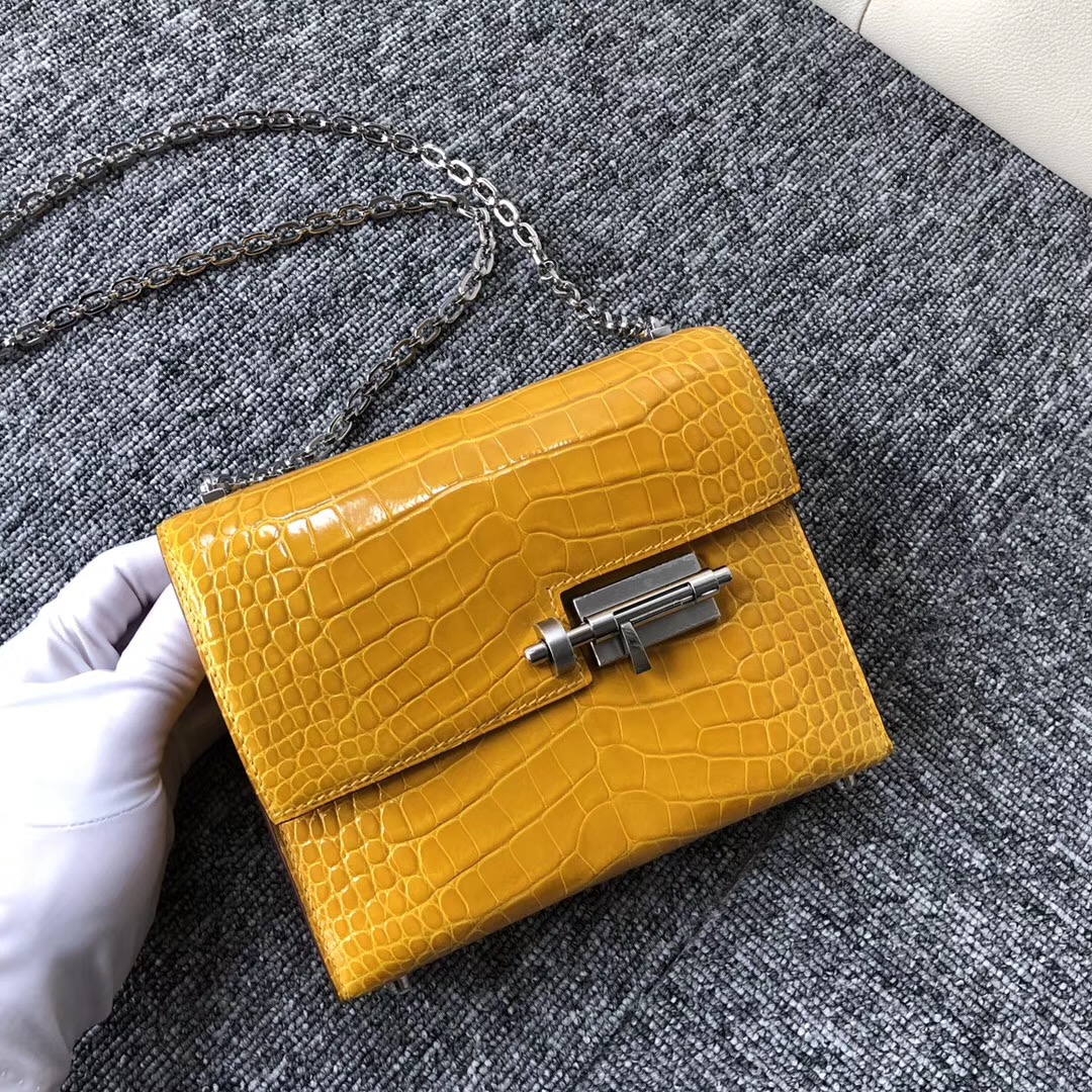 愛馬仕插銷包verrou 價格 Canada Hermes Verrou 17.5cm 美洲鱷 9D琥珀黃 Amber