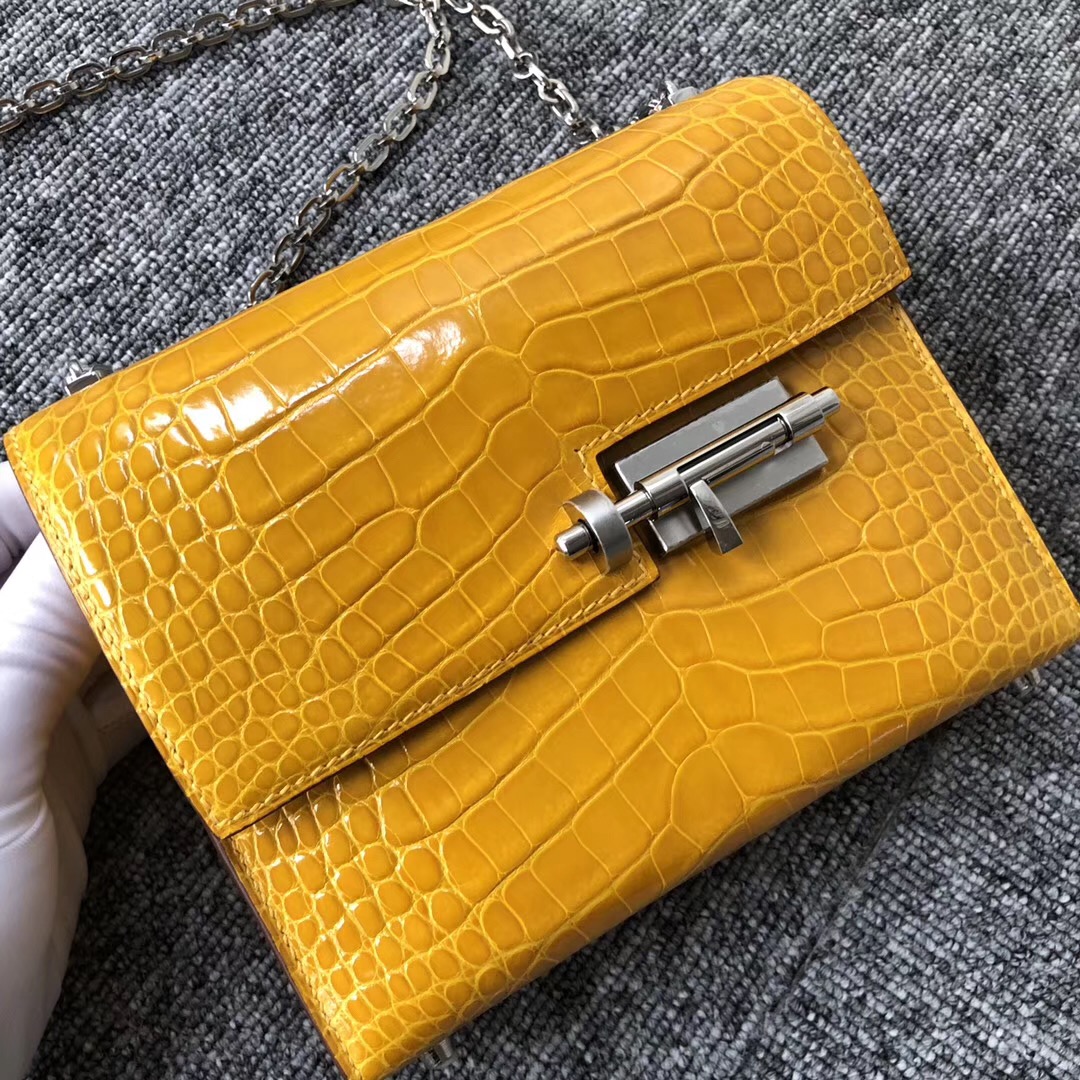 愛馬仕插銷包verrou 價格 Canada Hermes Verrou 17.5cm 美洲鱷 9D琥珀黃 Amber