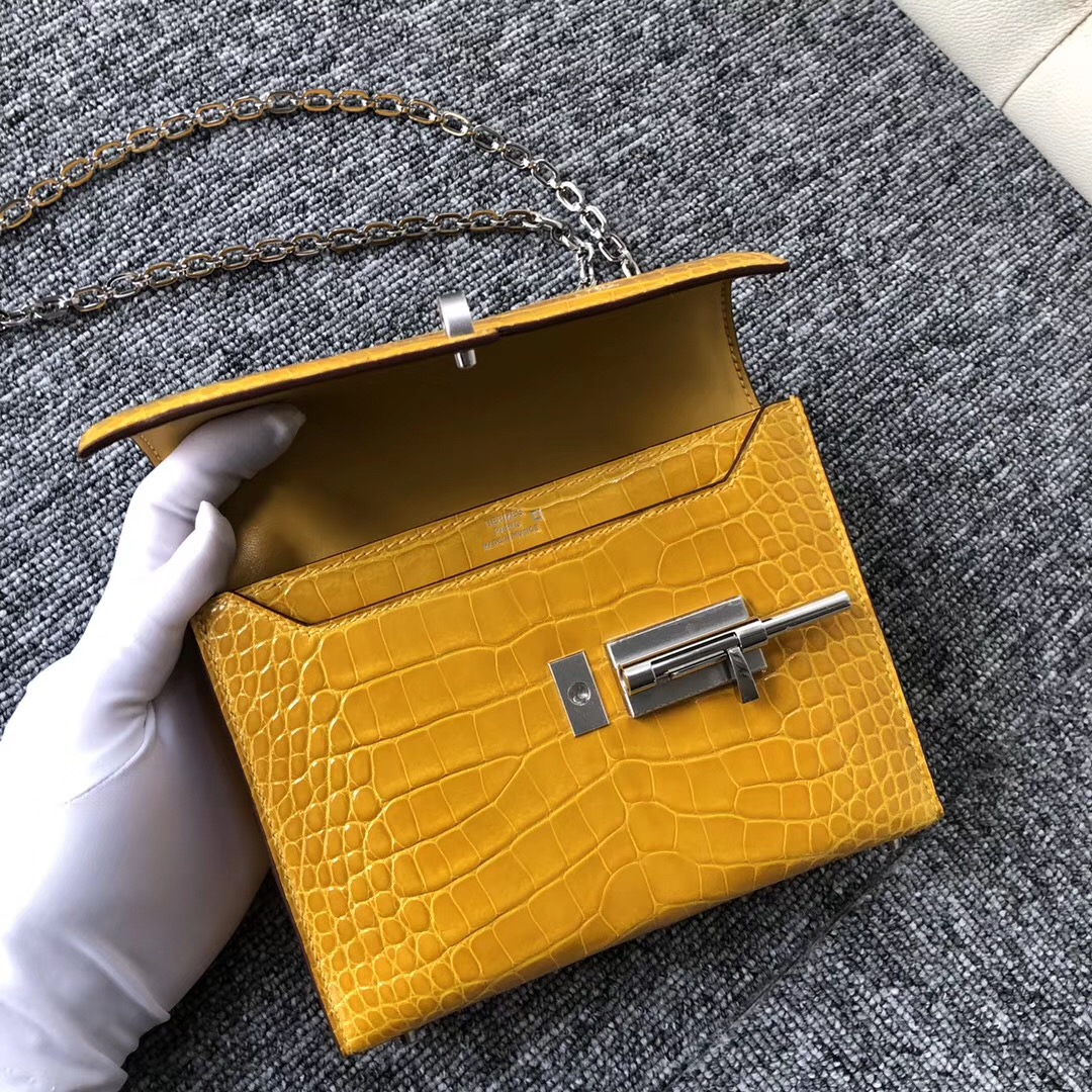 愛馬仕插銷包verrou 價格 Canada Hermes Verrou 17.5cm 美洲鱷 9D琥珀黃 Amber