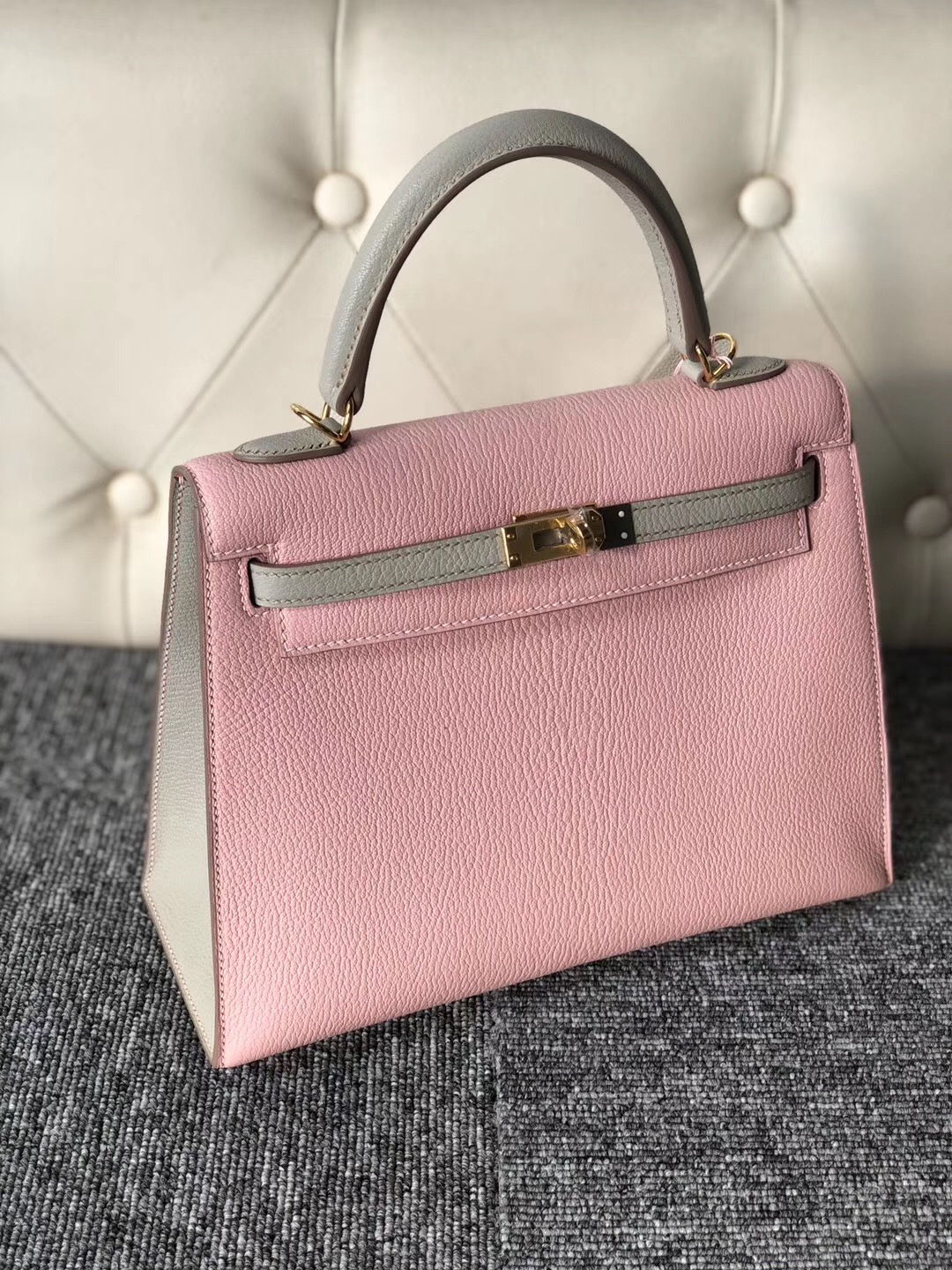 Singapore Hermes Kelly 25cm Chevre HSS 3Q Rose Sakura  CK80 Pearl Grey