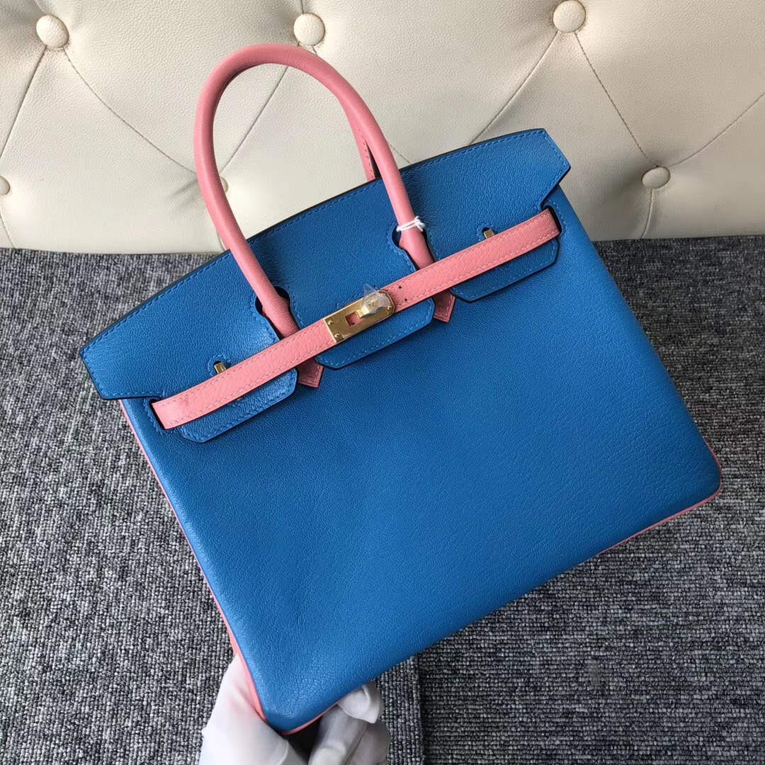 臺灣愛馬仕包包定制 Hermes Birkin 25cm Chevre T7 Hydra水妖藍 /U5 RoseLipstick