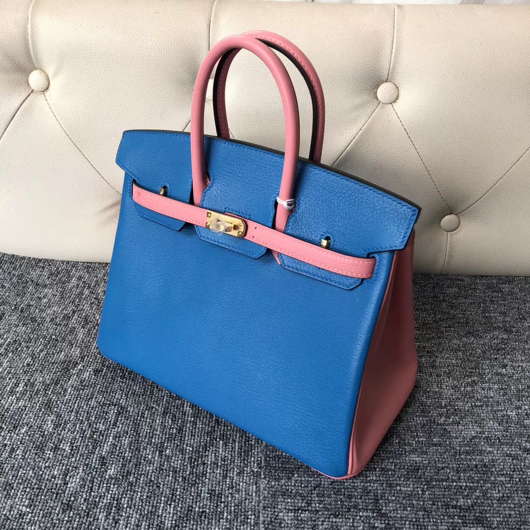 臺灣愛馬仕包包定制 Hermes Birkin 25cm Chevre T7 Hydra水妖藍 /U5 RoseLipstick