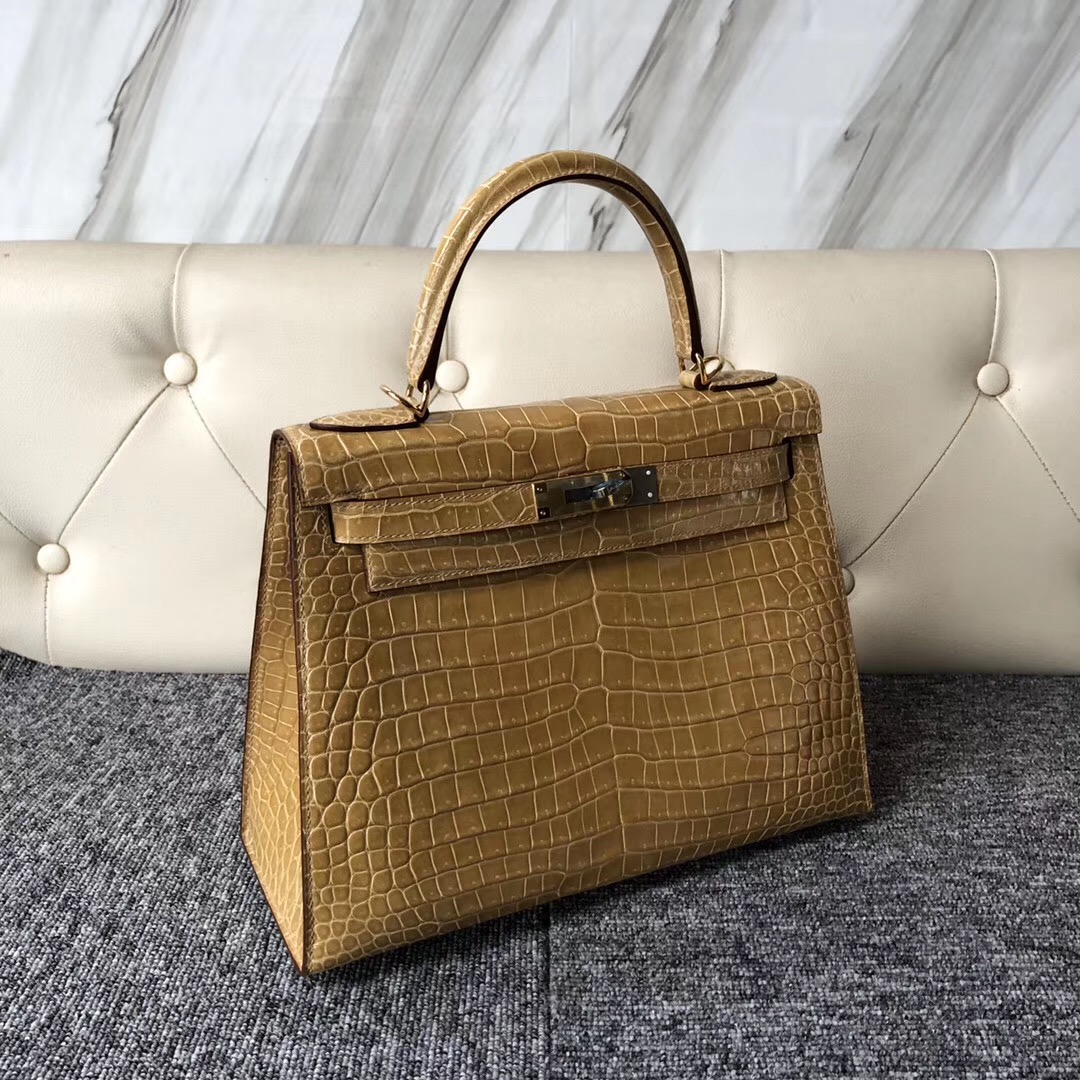 臺灣高雄凱莉包價格 Hermes Kelly 28cm 1C Poussiere淺杏色 HCP倒V 野生灣鱷