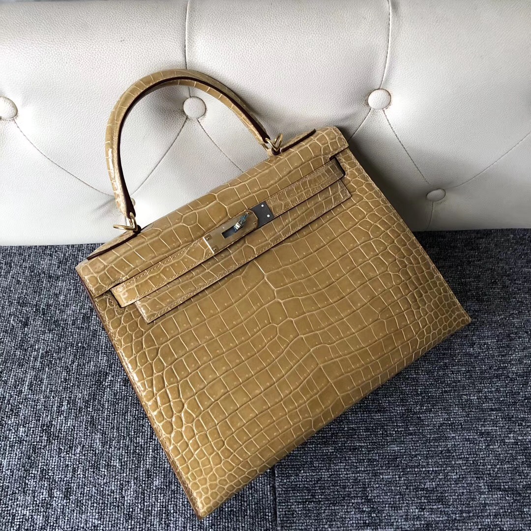 臺灣高雄凱莉包價格 Hermes Kelly 28cm 1C Poussiere淺杏色 HCP倒V 野生灣鱷