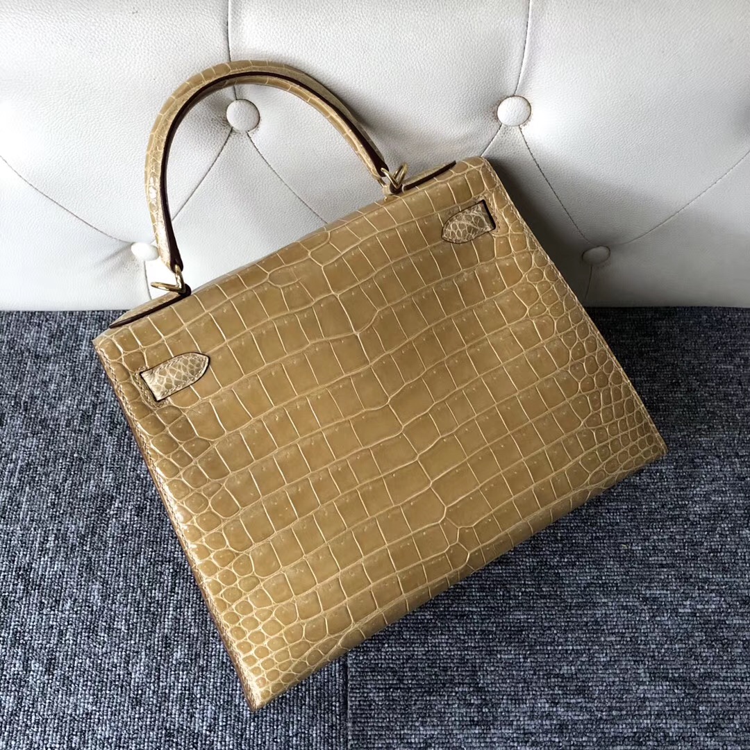 臺灣高雄凱莉包價格 Hermes Kelly 28cm 1C Poussiere淺杏色 HCP倒V 野生灣鱷