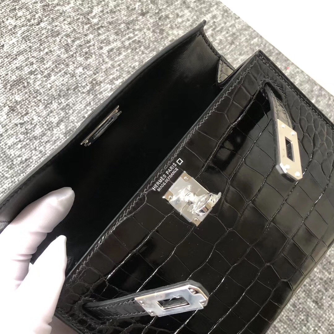 愛馬仕2代迷妳凱莉包 Canada Hermes kelly mini 2代 美洲鱷 CK89黑色 Noir