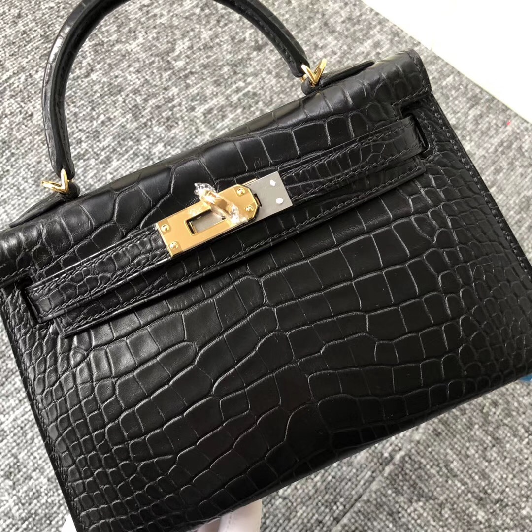 愛馬仕凱莉包2代迷妳 Canada Hermes KellyMini 2代 霧面美洲鱷 CK89黑色 Noir