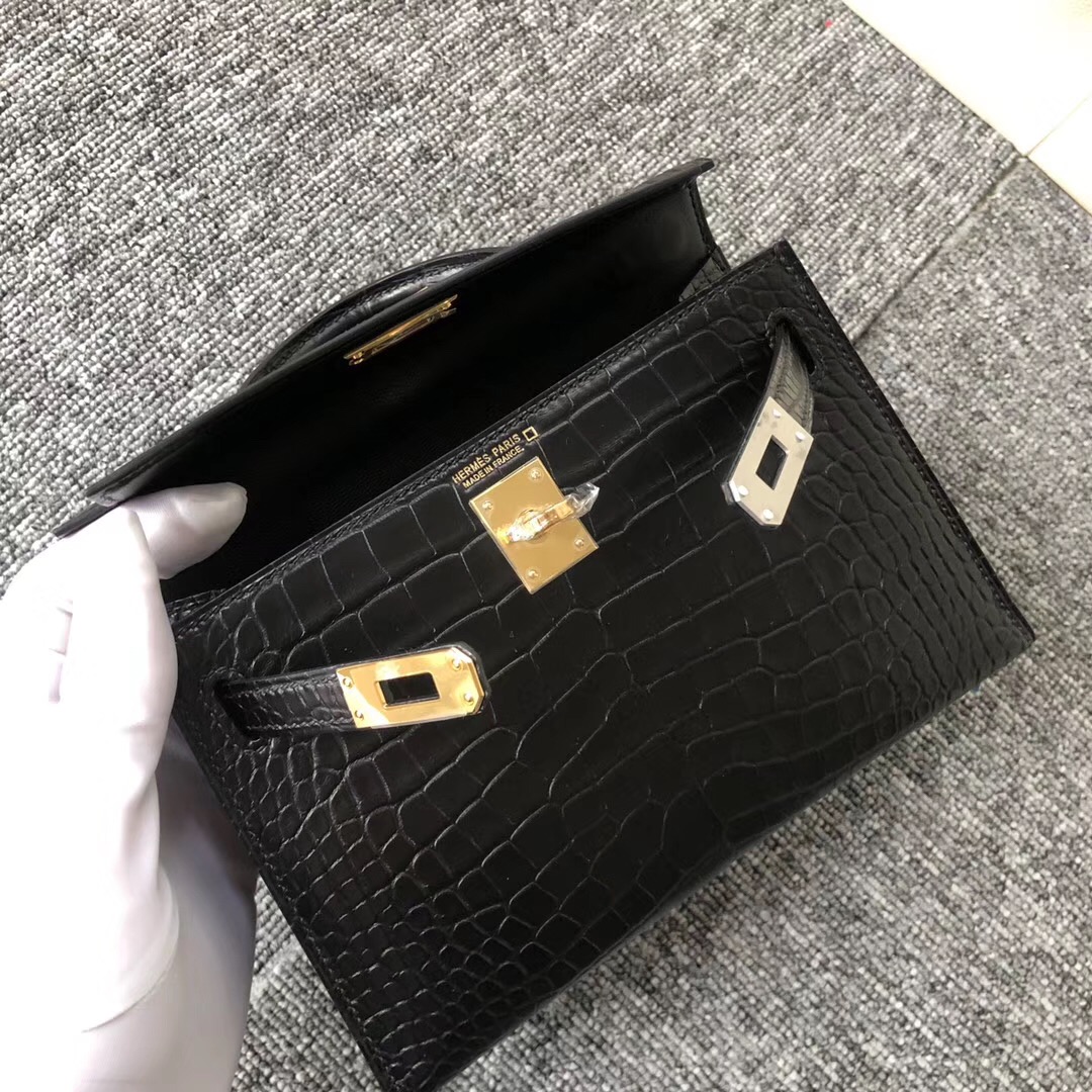 愛馬仕凱莉包2代迷妳 Canada Hermes KellyMini 2代 霧面美洲鱷 CK89黑色 Noir