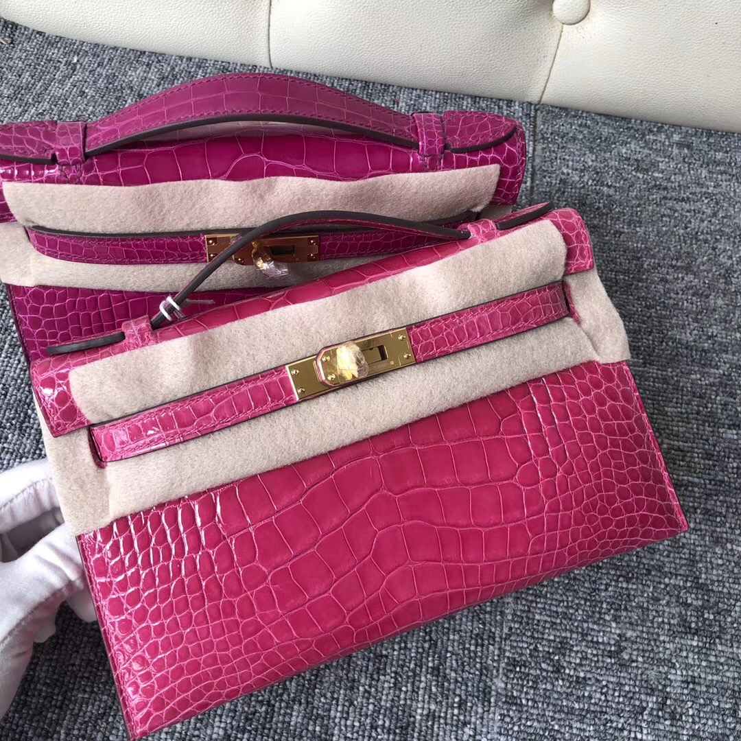 Australia Hermes MiniKelly pochette E5桃紅色 Rose Tyrien PHW 美洲鱷魚