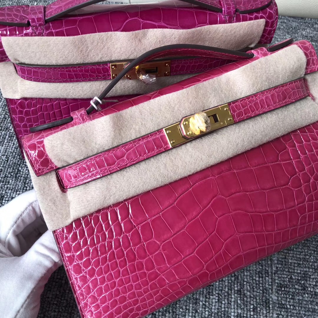 Australia Hermes MiniKelly pochette E5桃紅色 Rose Tyrien PHW 美洲鱷魚