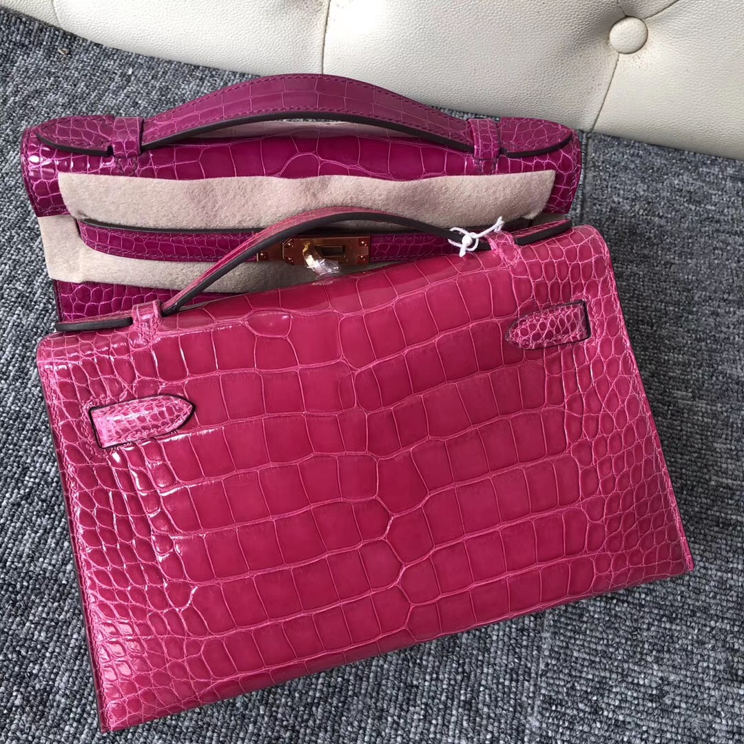 Australia Hermes MiniKelly pochette E5桃紅色 Rose Tyrien PHW 美洲鱷魚