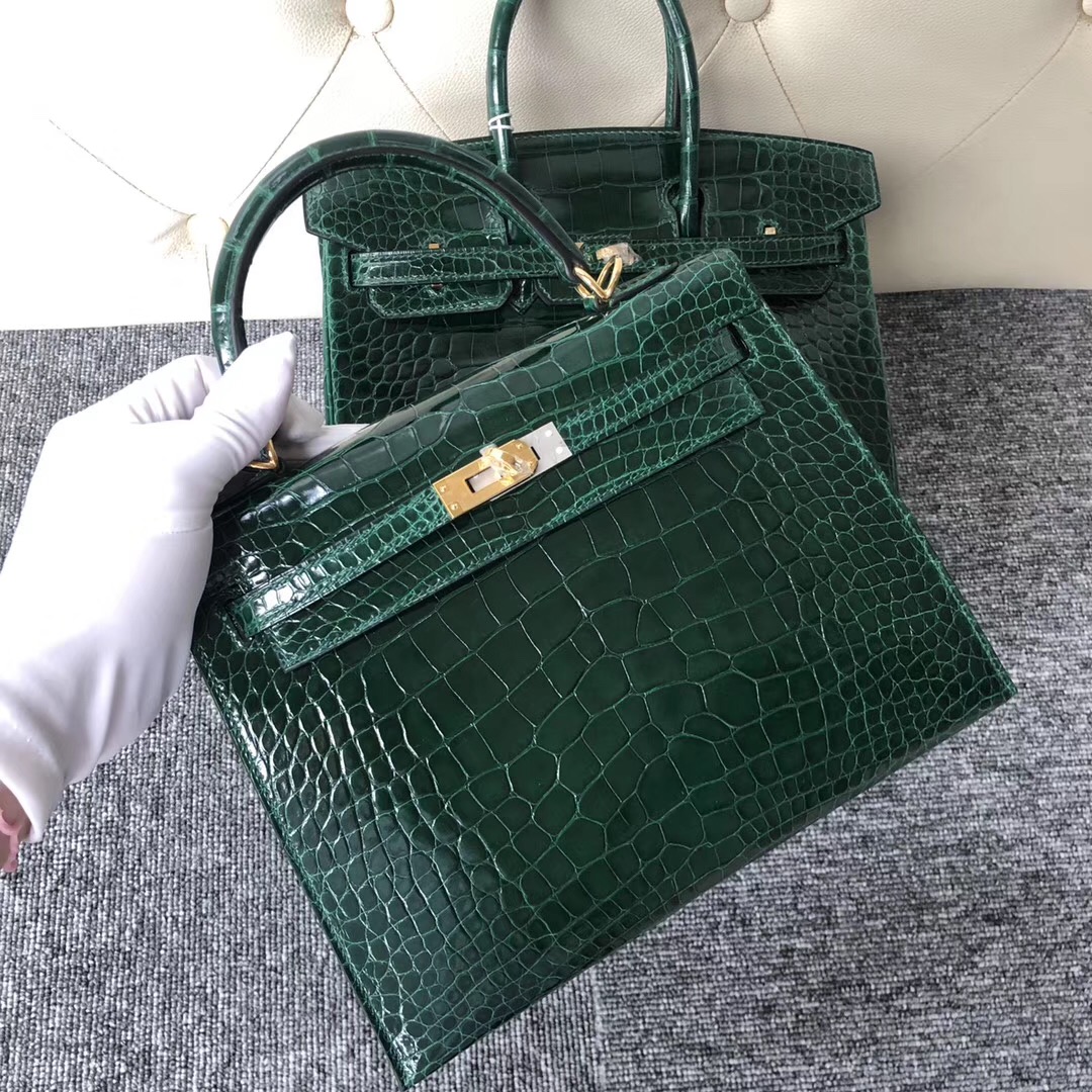 Canada Hermes Kelly 25cm CK67 Vert Fonce 祖母綠 Shiny alligator crocodile