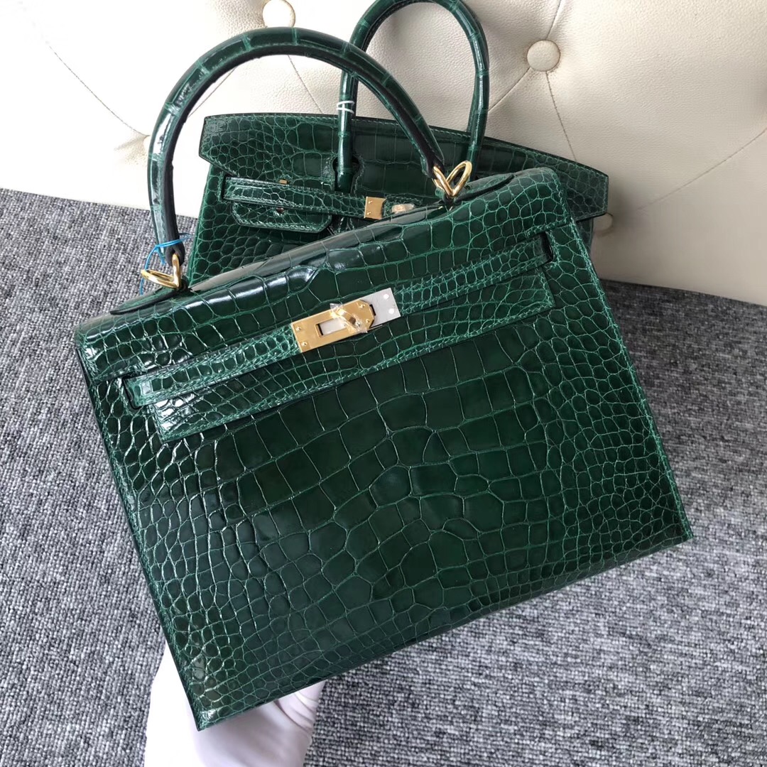 Canada Hermes Kelly 25cm CK67 Vert Fonce 祖母綠 Shiny alligator crocodile