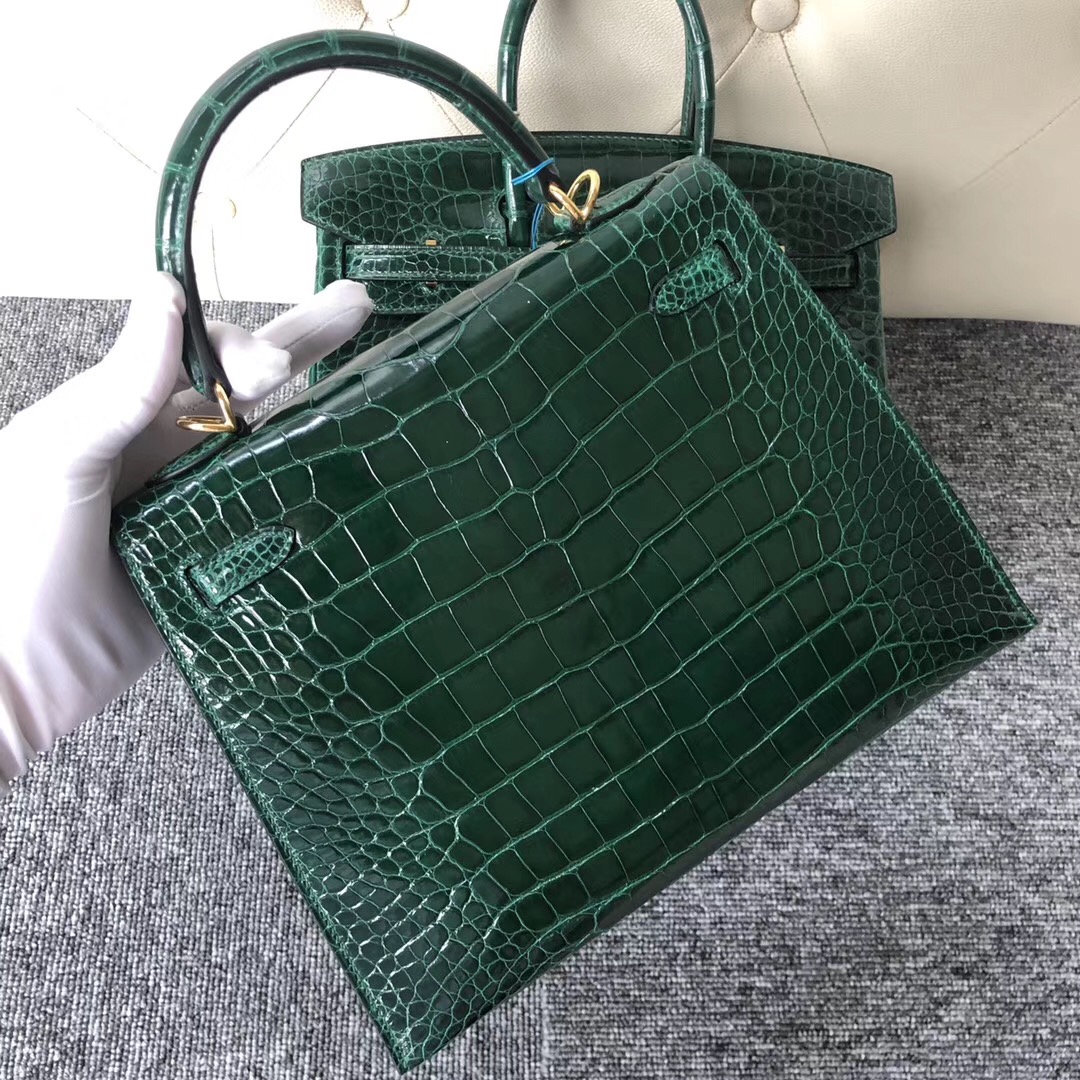 Canada Hermes Kelly 25cm CK67 Vert Fonce 祖母綠 Shiny alligator crocodile