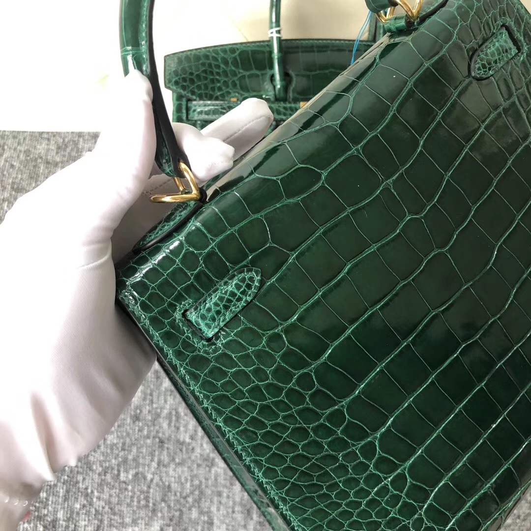 Canada Hermes Kelly 25cm CK67 Vert Fonce 祖母綠 Shiny alligator crocodile