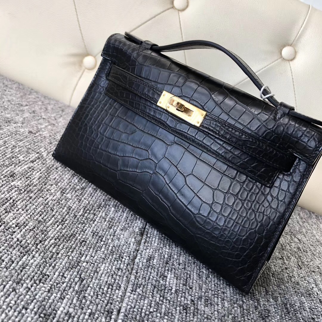 Australia HERMES Kelly mini壹代 pochette CK89黑色 霧面方塊美洲鱷