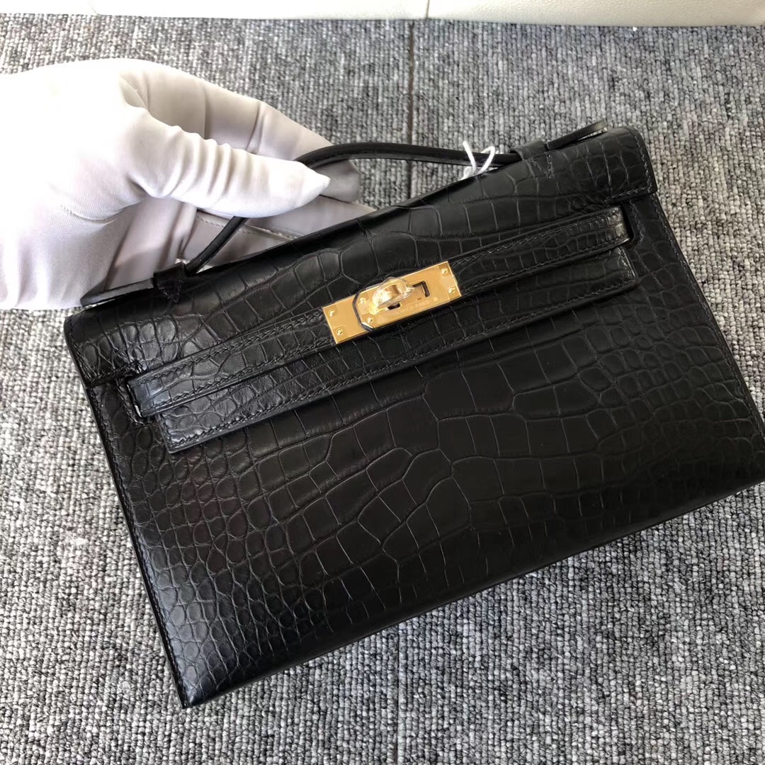 Australia HERMES Kelly mini壹代 pochette CK89黑色 霧面方塊美洲鱷