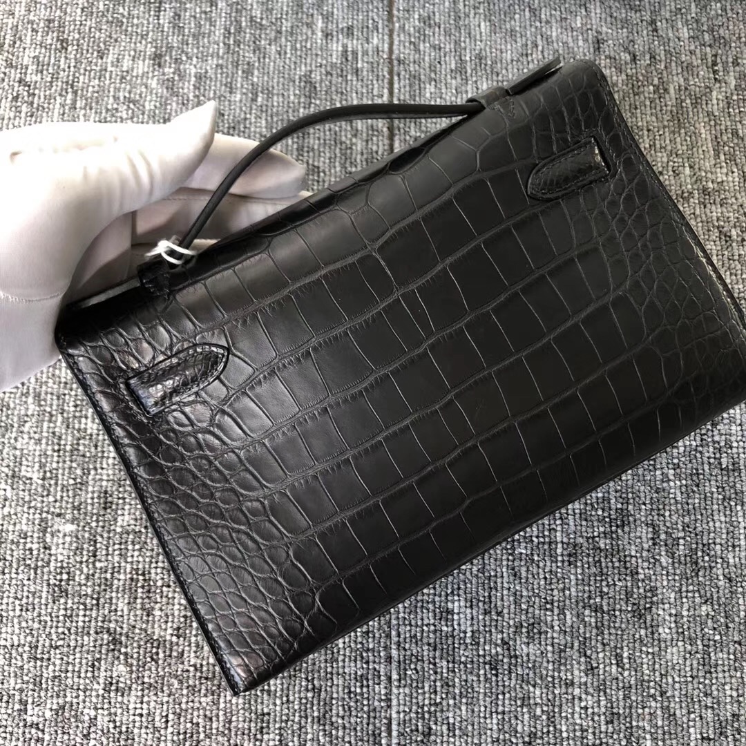 Australia HERMES Kelly mini壹代 pochette CK89黑色 霧面方塊美洲鱷