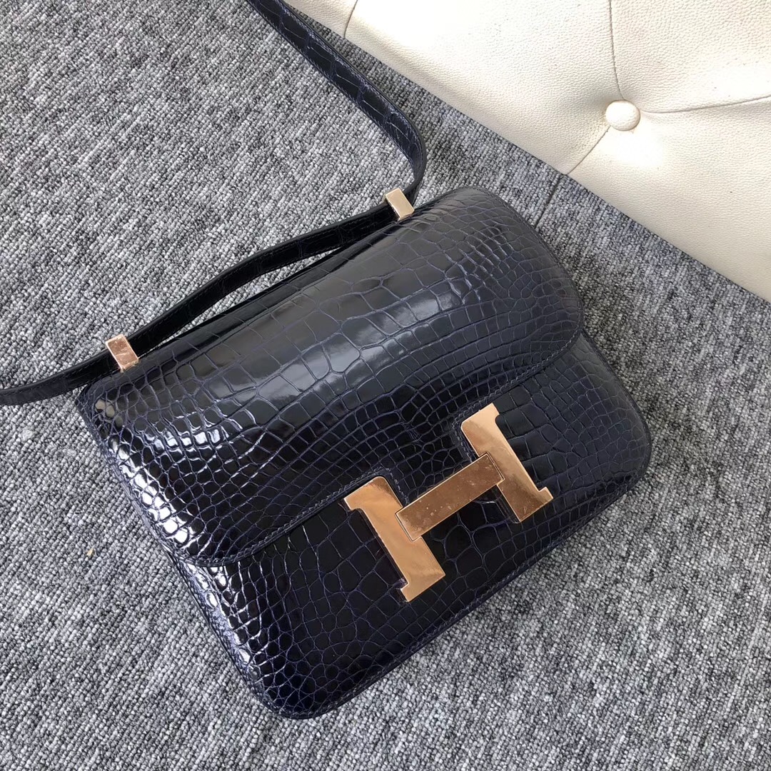 Hermes Constance 24cm alligator crocodile 2Z午夜藍 Blue Nuit 玫瑰金扣