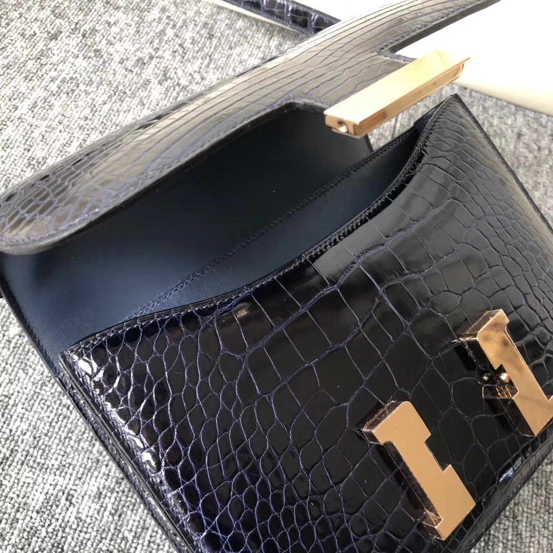 Hermes Constance 24cm alligator crocodile 2Z午夜藍 Blue Nuit 玫瑰金扣