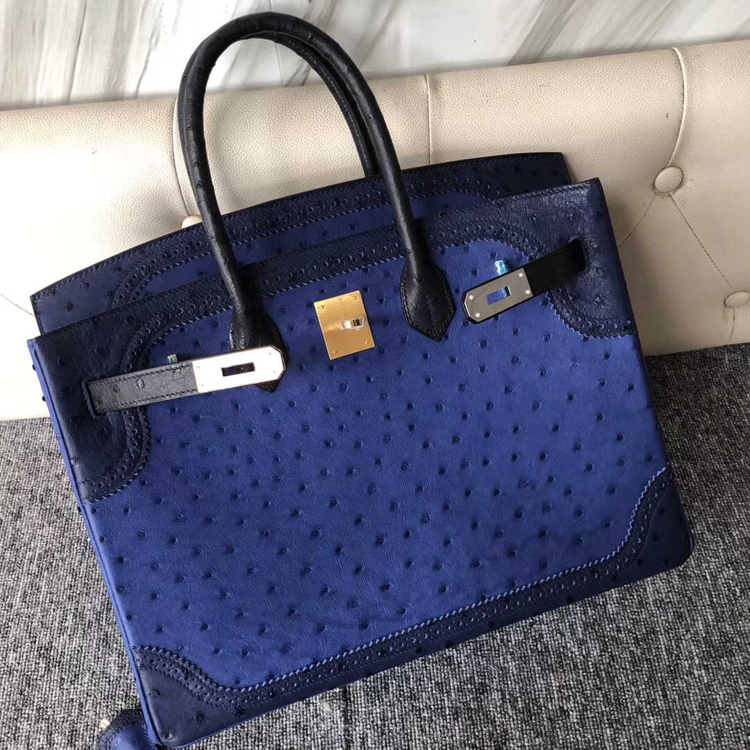 Hermes Birkin 35cm Ghillise Ostrich蕾絲邊 7T電光藍/CK73寶石藍 拉絲金扣