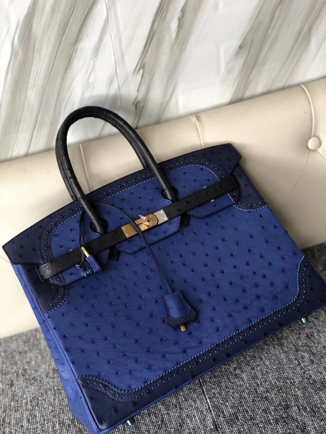 Hermes Birkin 35cm Ghillise Ostrich蕾絲邊 7T電光藍/CK73寶石藍 拉絲金扣