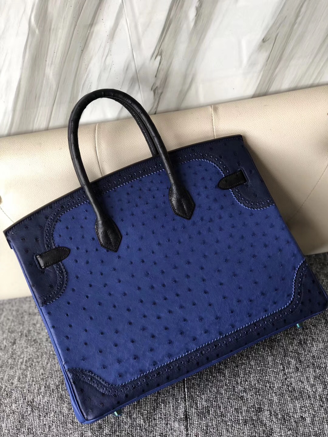 Hermes Birkin 35cm Ghillise Ostrich蕾絲邊 7T電光藍/CK73寶石藍 拉絲金扣