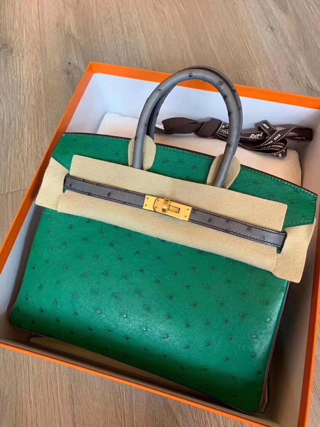 USA Hermes Birkin 25cm Ostrich U4 vert vertigo 絲絨綠拼瑪瑙灰 拉絲金扣