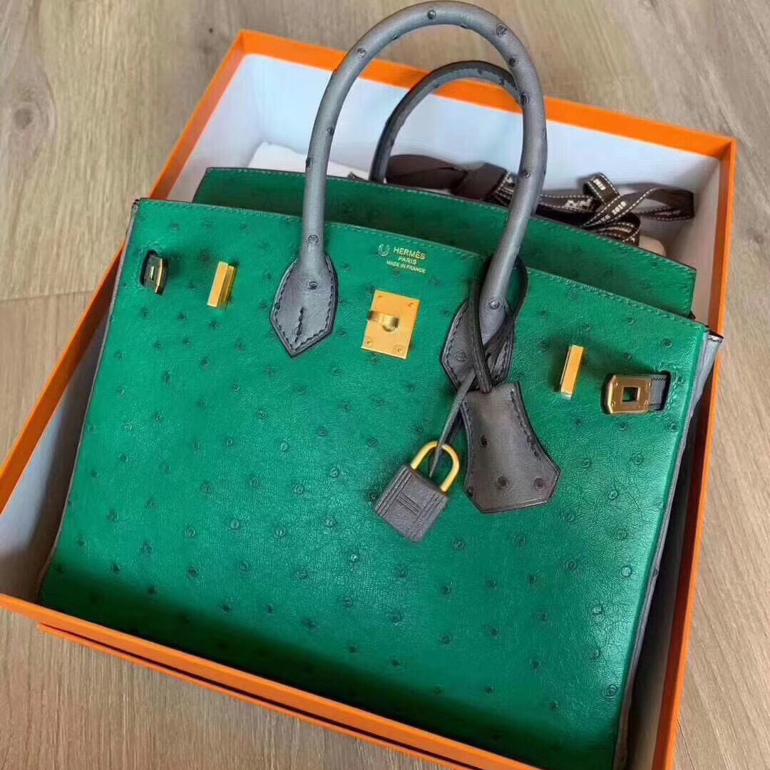 USA Hermes Birkin 25cm Ostrich U4 vert vertigo 絲絨綠拼瑪瑙灰 拉絲金扣