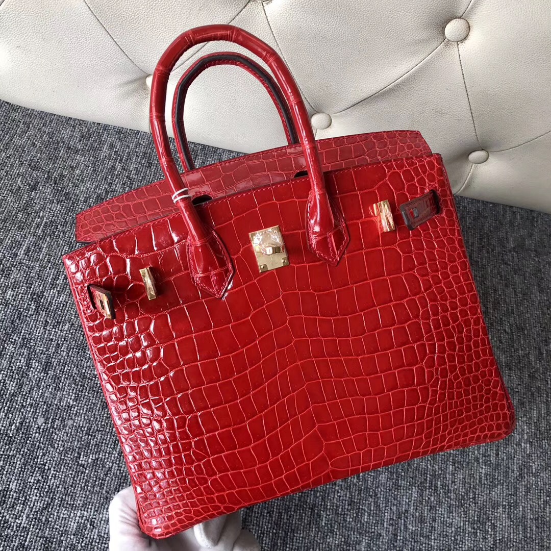 Hermes Birkin 25cm 亮面倒V 澳洲灣鱷 CK95法拉利紅 Braise Porosus Crocodile