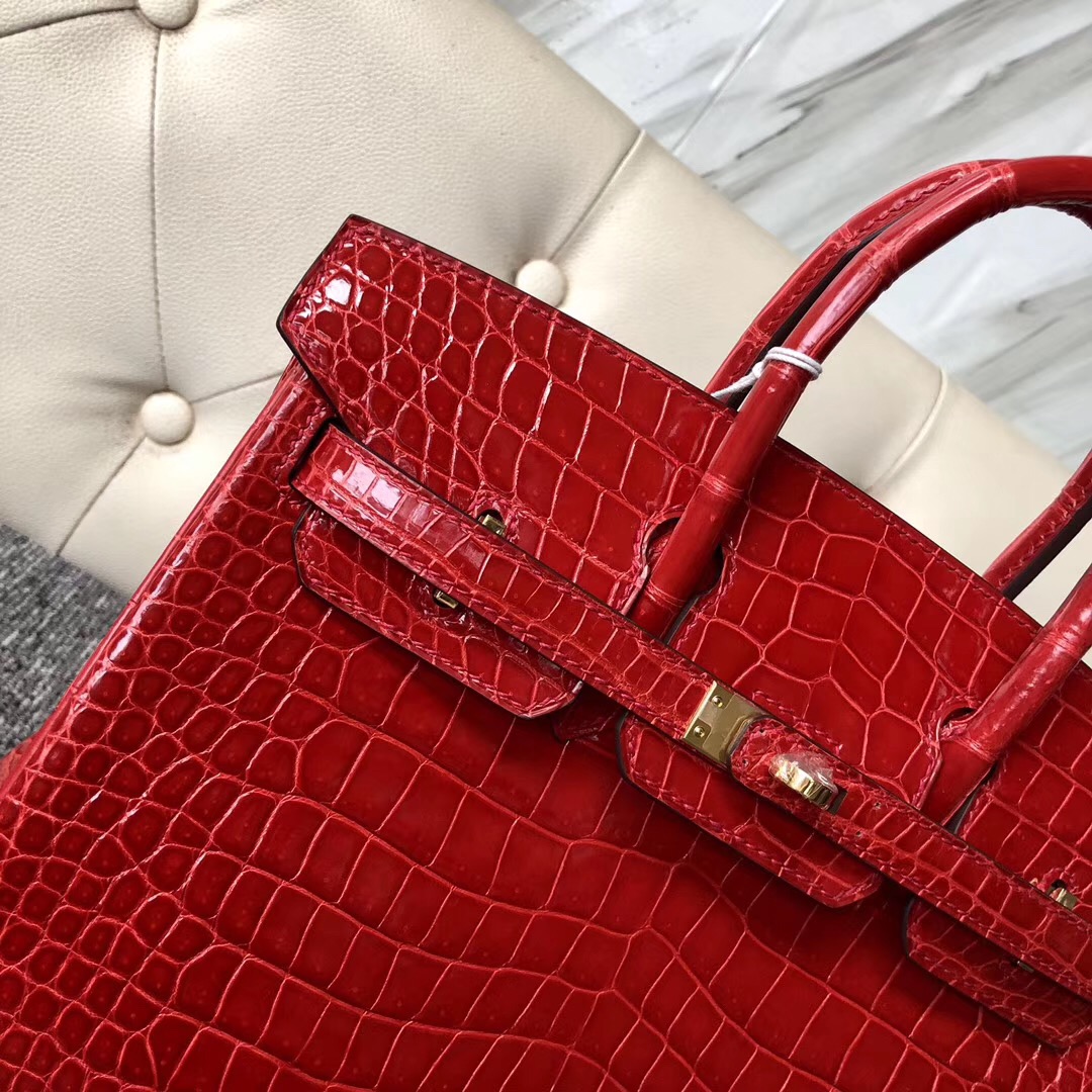 Hermes Birkin 25cm 亮面倒V 澳洲灣鱷 CK95法拉利紅 Braise Porosus Crocodile