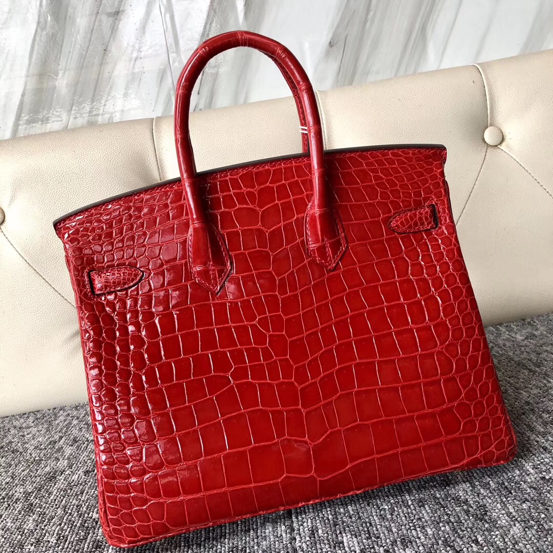 Hermes Birkin 25cm 亮面倒V 澳洲灣鱷 CK95法拉利紅 Braise Porosus Crocodile