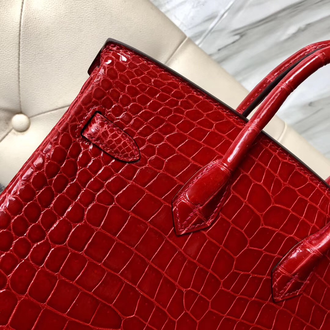 Hermes Birkin 25cm 亮面倒V 澳洲灣鱷 CK95法拉利紅 Braise Porosus Crocodile