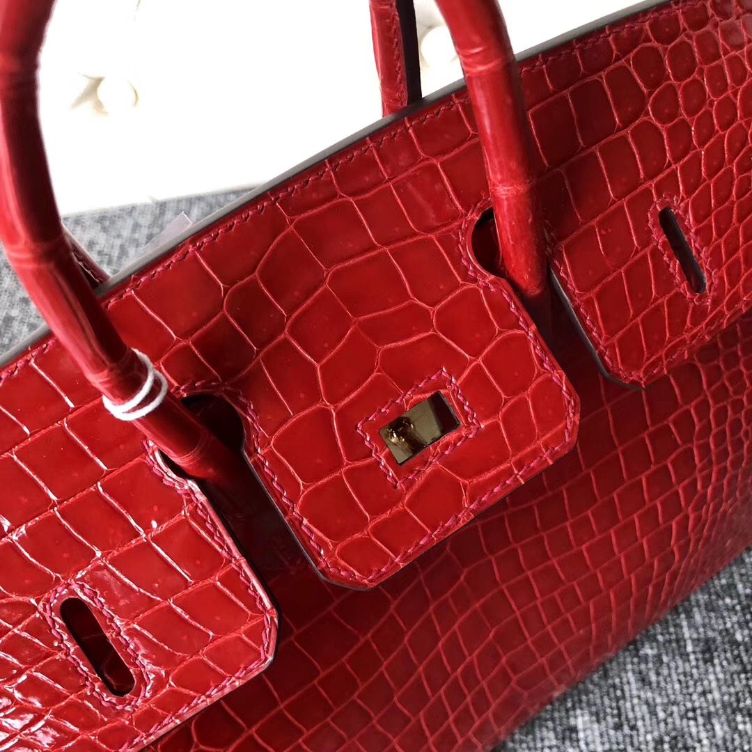 Hermes Birkin 25cm 亮面倒V 澳洲灣鱷 CK95法拉利紅 Braise Porosus Crocodile