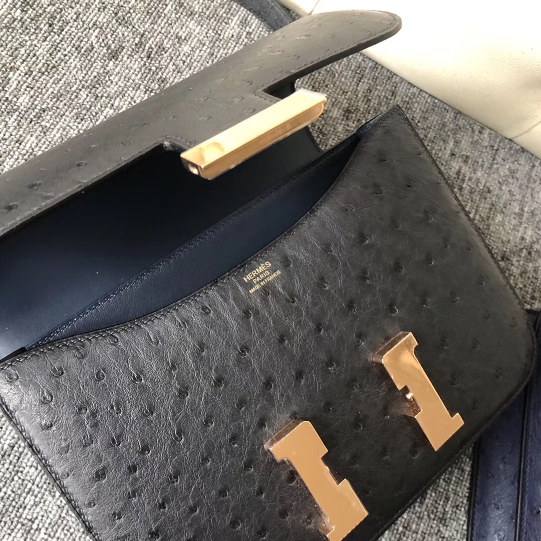 Taiwan Hermes Constance 24cm Ostrich CK76深海藍 Blue indigo 玫瑰金扣