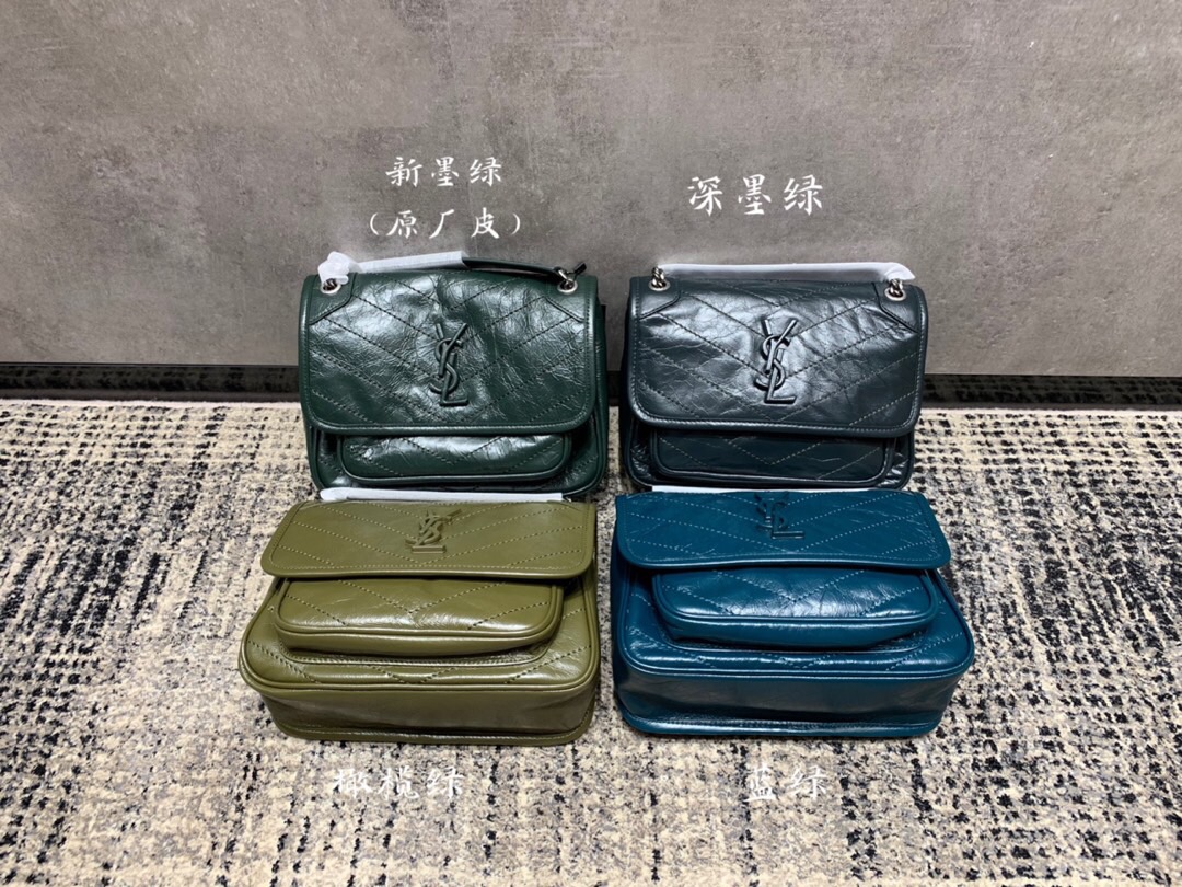 YSL 大號 NIKI 褶皺絎縫深灰色真皮鏈條包
