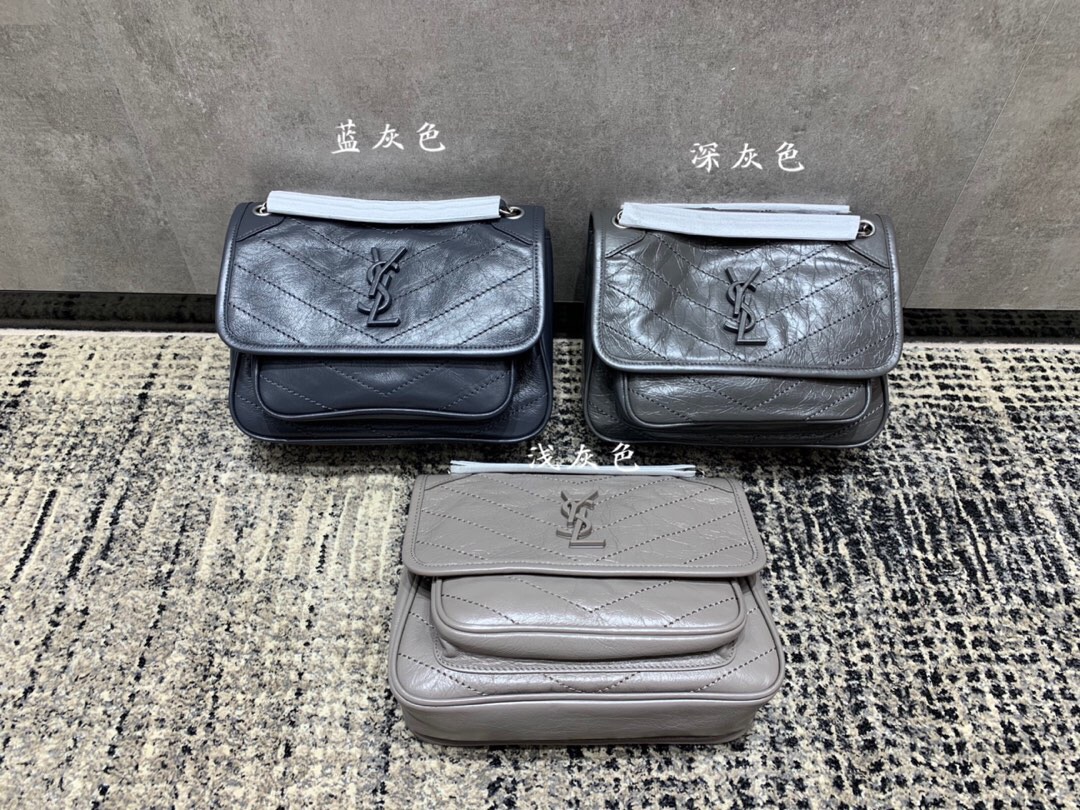 YSL 大號 NIKI 褶皺絎縫深灰色真皮鏈條包