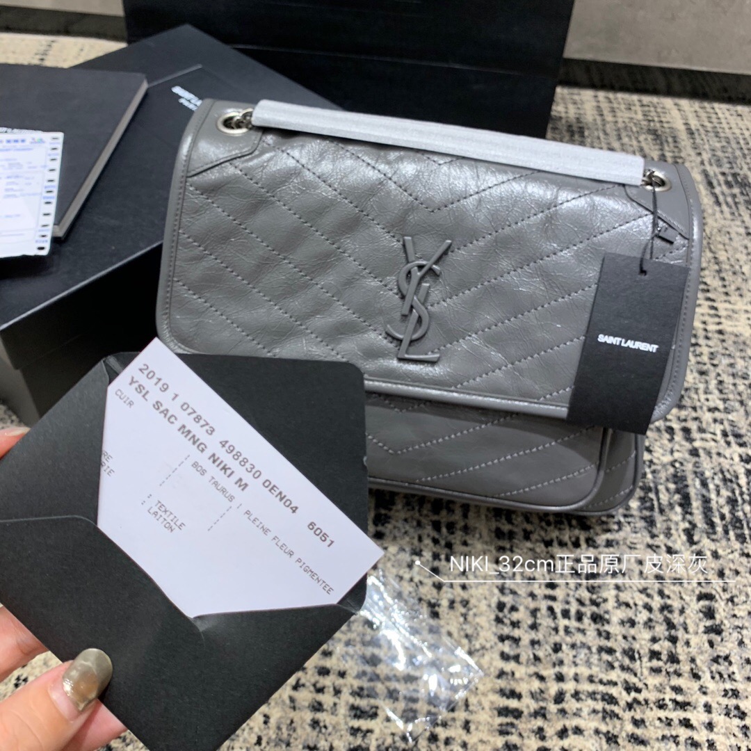 YSL 大號 NIKI 褶皺絎縫深灰色真皮鏈條包