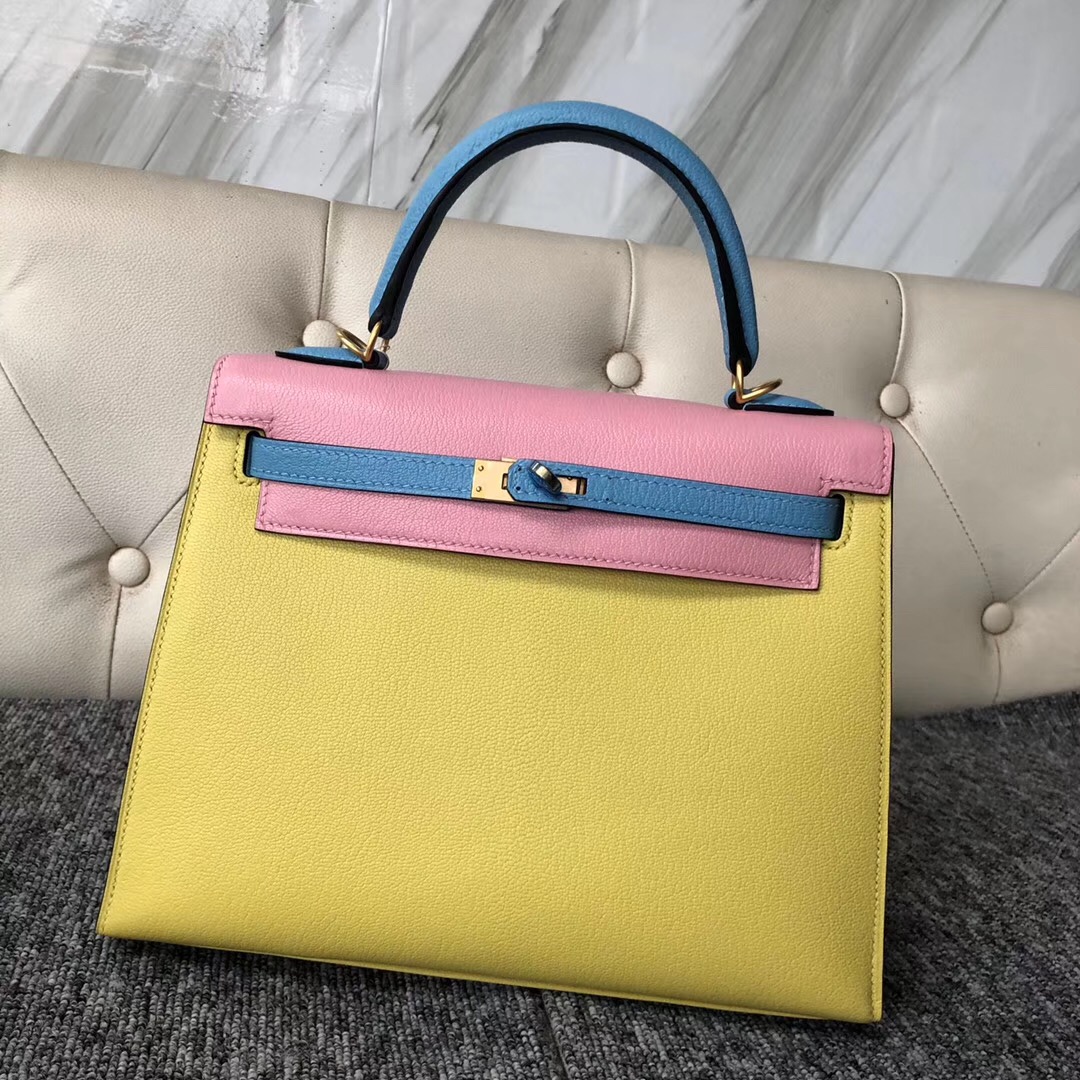 Australia Hermes Hermes Kelly 25cm Chevre 9R檸檬黃/3Q水粉色/P3北方藍