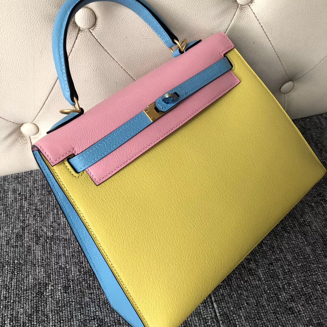 Australia Hermes Hermes Kelly 25cm Chevre 9R檸檬黃/3Q水粉色/P3北方藍