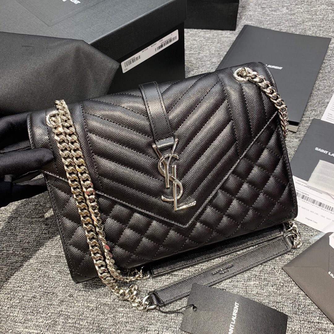 YSL ENVELOPE MEDIUM BAG 中號絎縫織紋黑色皮革信封包