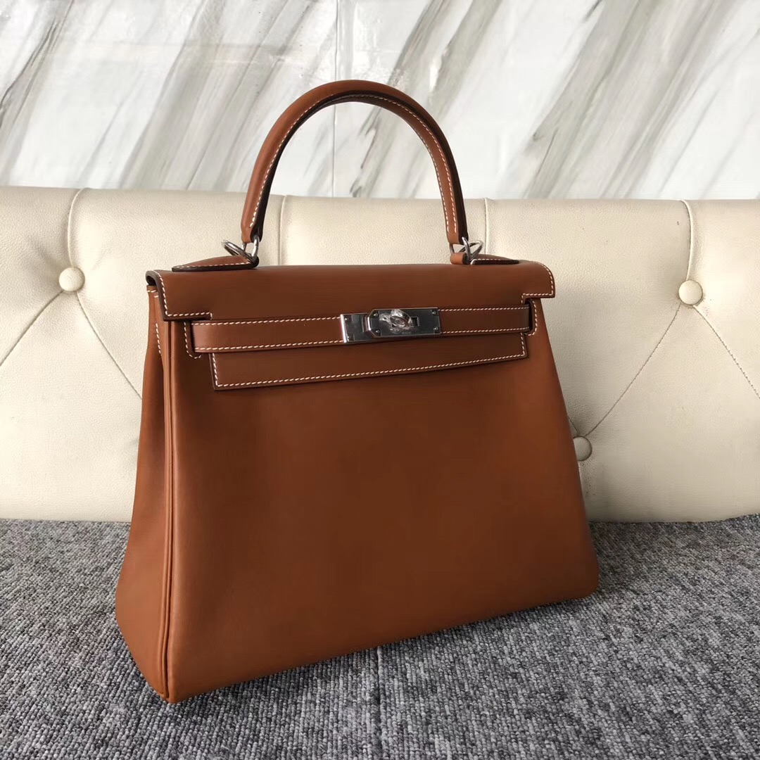 愛馬仕官網包包 Hermes Kelly 28cm Barenia Natural 馬鞍皮 CK37金棕色 Gold