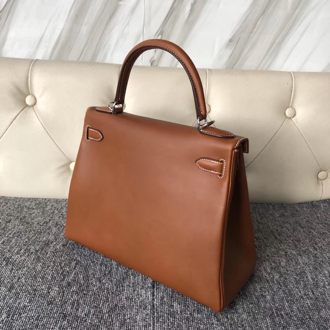 愛馬仕官網包包 Hermes Kelly 28cm Barenia Natural 馬鞍皮 CK37金棕色 Gold