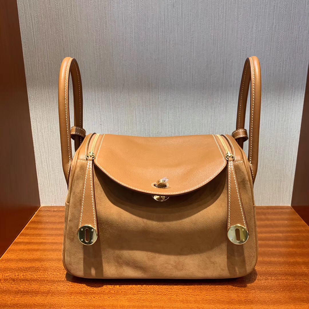 愛馬仕林迪包官網價格 Hermes Lindy 30cm 麂皮絨拼Everycolor ck37金棕色